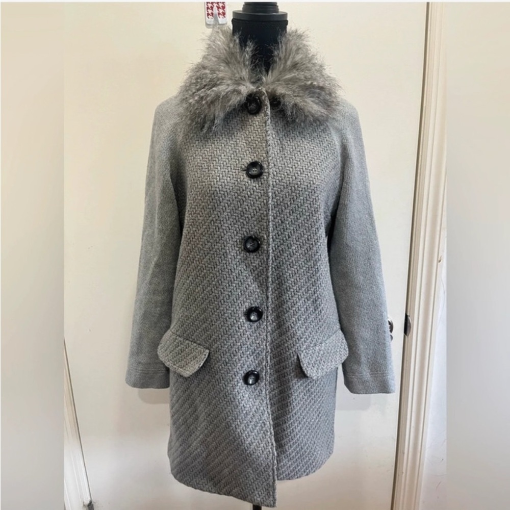 Promod Gray Textured Coat with Faux Fur Collar - Picture 1 of 9